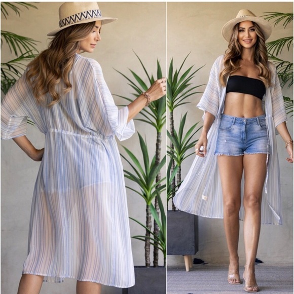 Summer beach sheer coverup swimsuit cover kravet striped kimono top - Picture 2 of 2